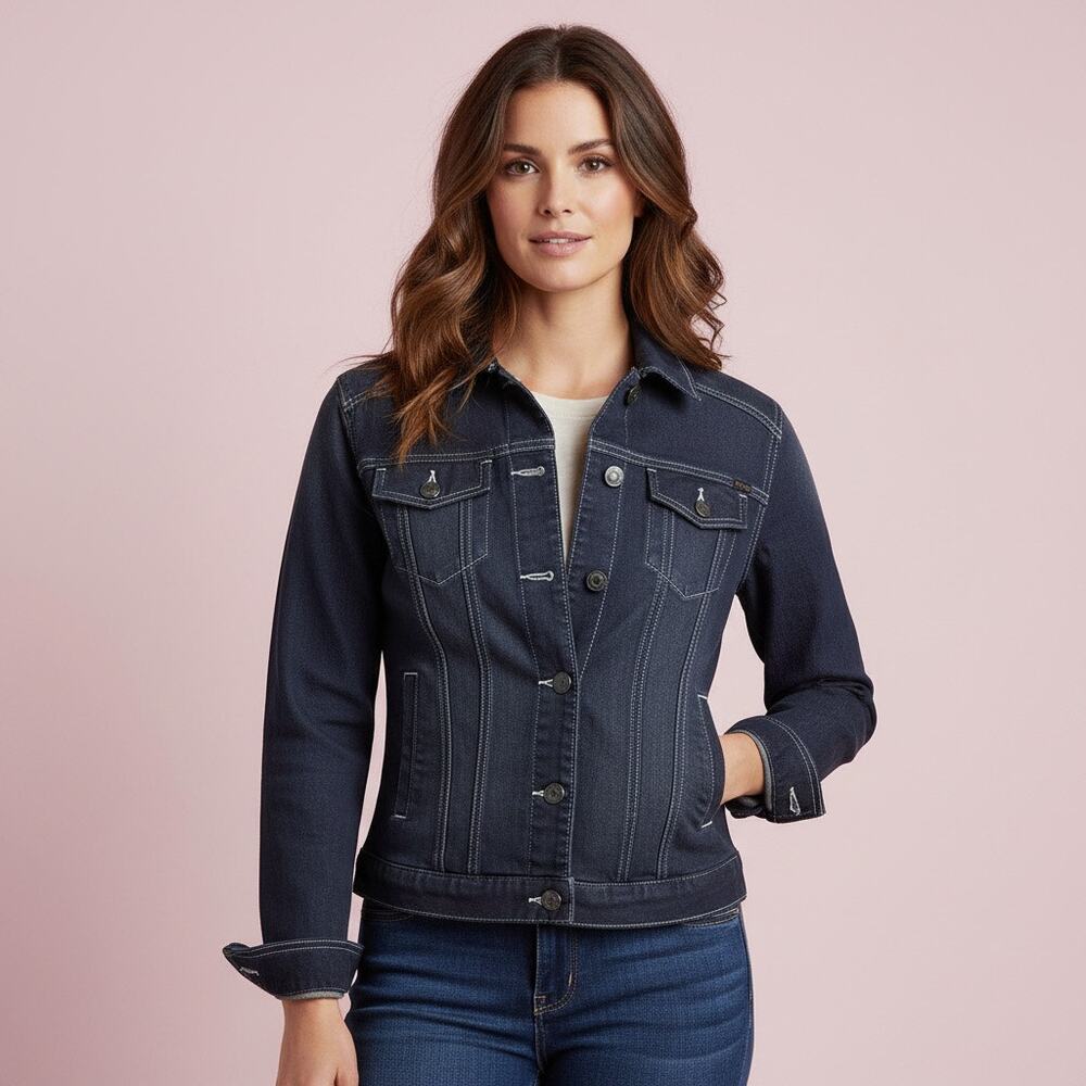 Eddie Bauer Womens Size Small dark blue/gray Shaped Trucker Button up Denim Jack